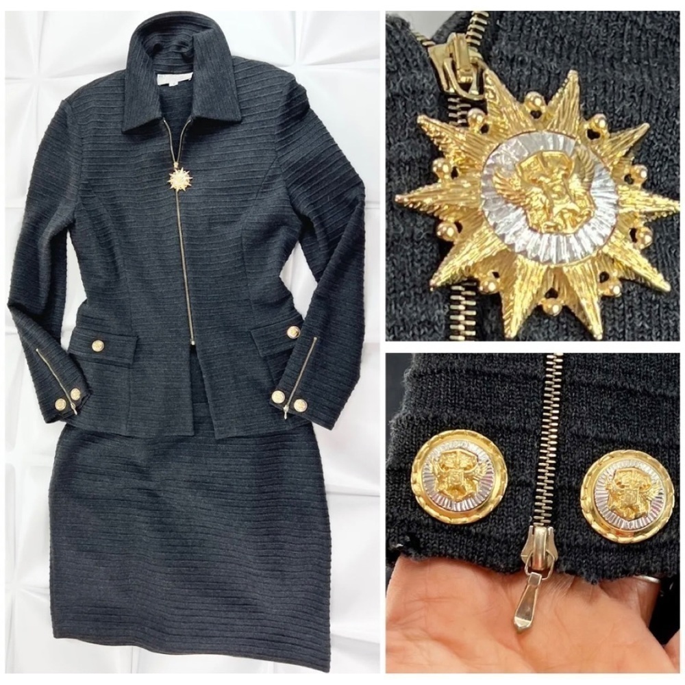 St John Collection Sz 8 Gray Santana Knit Jacket Blazer Skirt Suit 2pc Set Zip